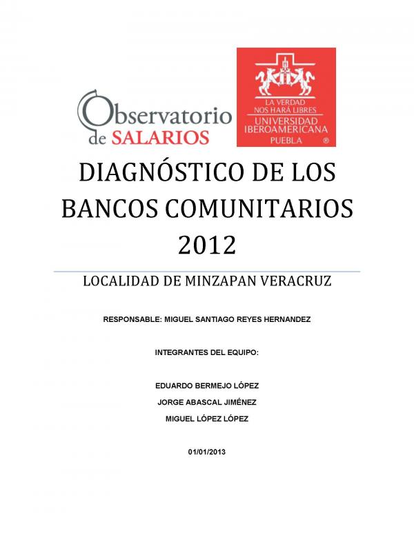 DIAGNÓSTICO DE LOS BANCOS COMUNITARIOS 2012. LOCALIDAD DE MINZAPAN, VERACRUZ